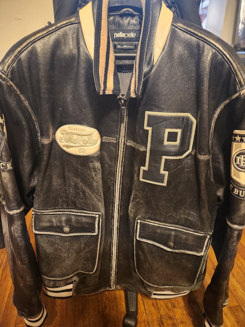 Pelle Pelle Black Leather Varsity Jacket with Cream Trim